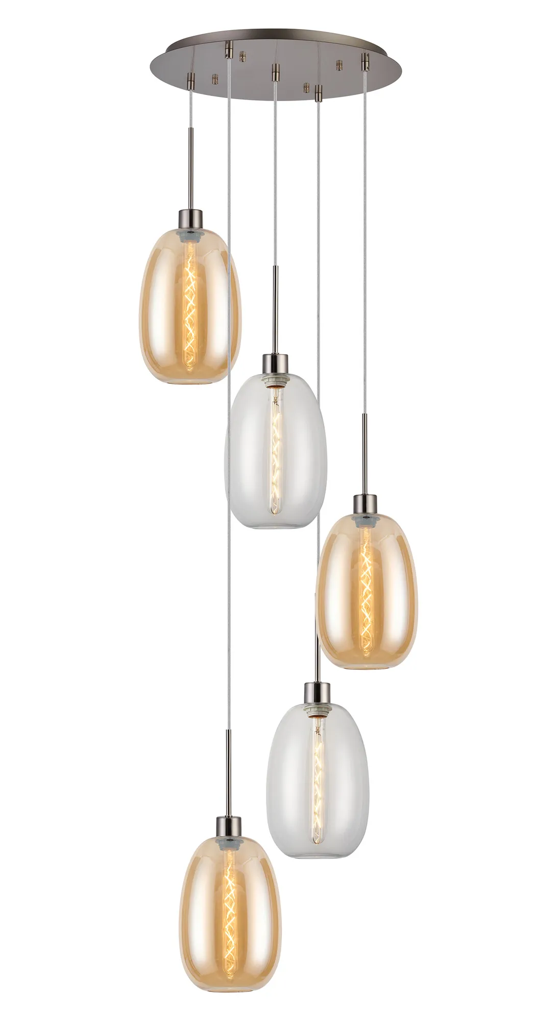 DK1379  Lori 45cm Round Pendant, 5 Light Adjustable E27, Satin Nickel/Clear/Amber Slim Curved Trapezium Shades